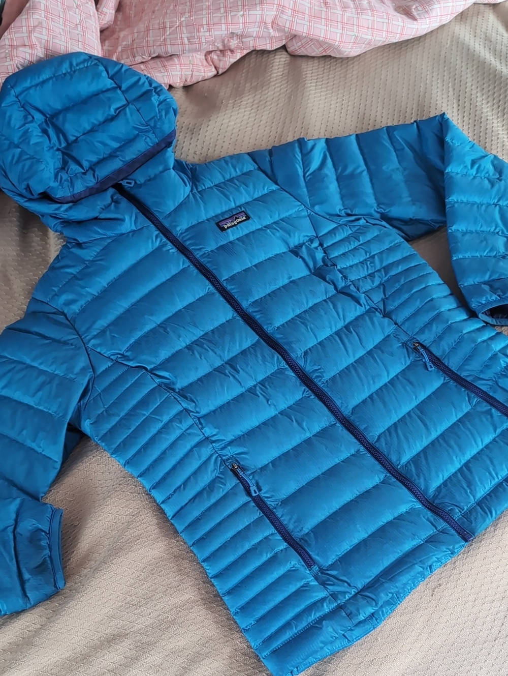Patagonia Hooded Women's Down Sweater Coat Jacket Full Zip Large Blue Puffer